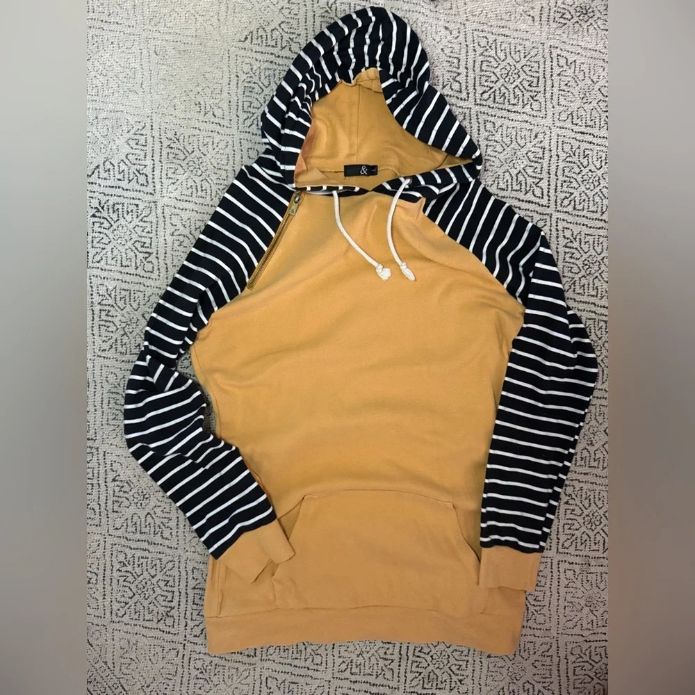 Ampersand Ave DoubleHood Hoodie | Mustard Yellow & Black Striped Sleeve Pullover - Picture 2 of 3